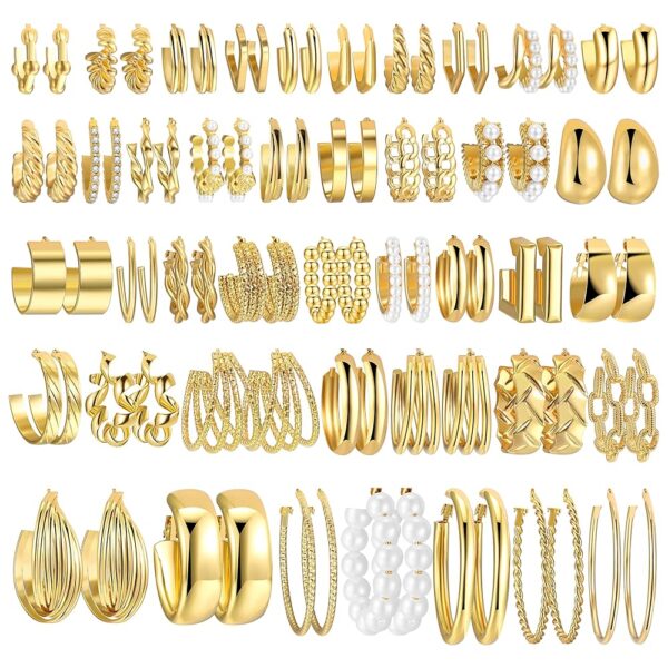 42 Pairs Gold Hoop Earrings Set for Women, Fashion Chunky Pearl Earrings Multipack Twisted Statement Earring Pack, Hypoallergenic Small Big Hoops Earrings for Birthday Party
