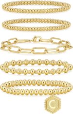 adoyi Gold Bracelets for Women, 14K Gold Plated Beaded Bracelets Gold Strand Bead Ball Bracelet stack Set Adjustable Bracelet Set Jewelry for Gifts