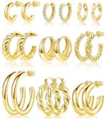 Adoyi 9 Pairs Gold Hoop Earrings Set for Womens Twisted Huggie Hoops Earrings 14K 18K Gold Plated for Girls Valentines Mother's Day Birthday Gifts Lightweight