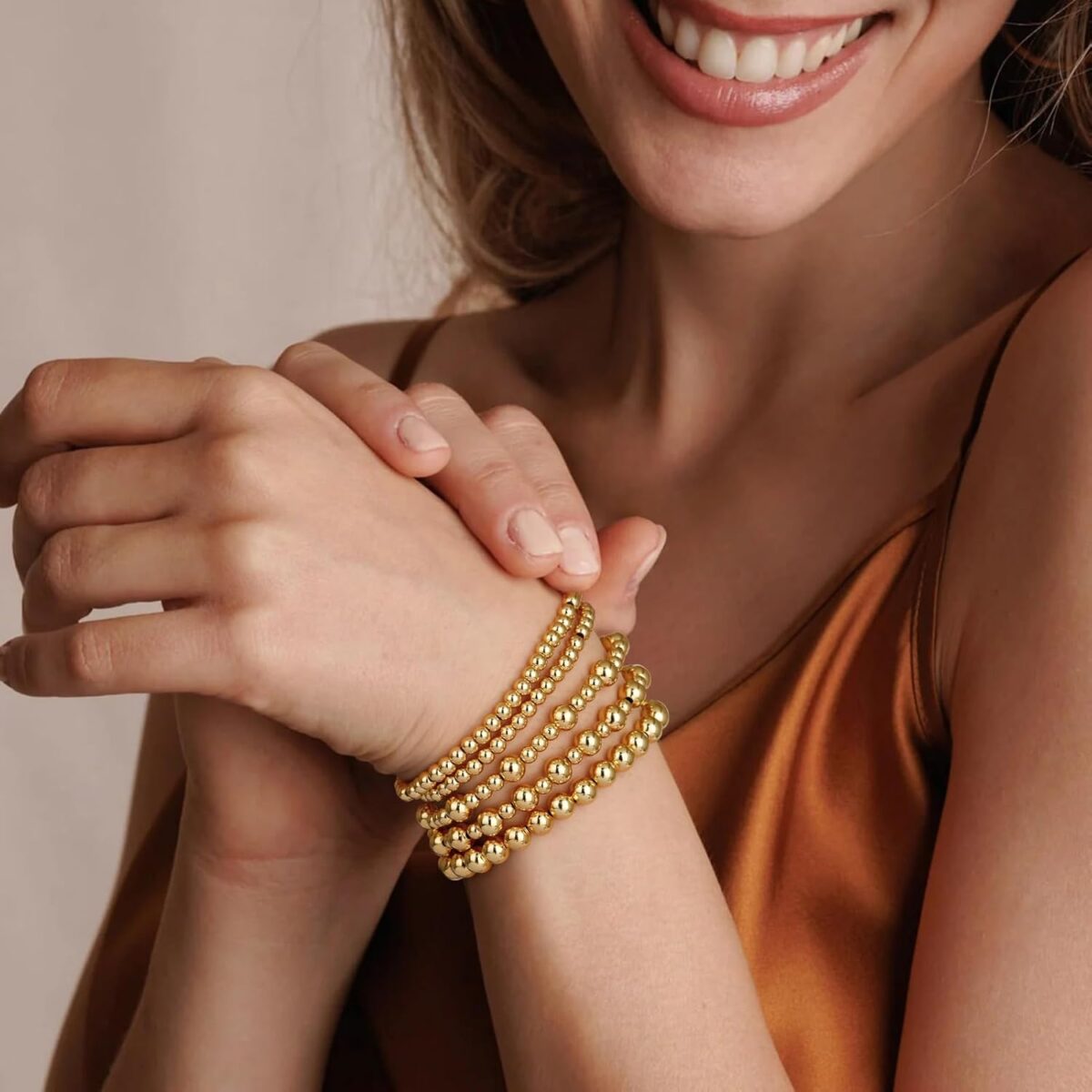 adoyi Gold Bracelets for Women, 14K Gold Plated Beaded Bracelets Gold Strand Bead Ball Bracelet stack Set Adjustable Bracelet Set Jewelry for Gifts - Image 3
