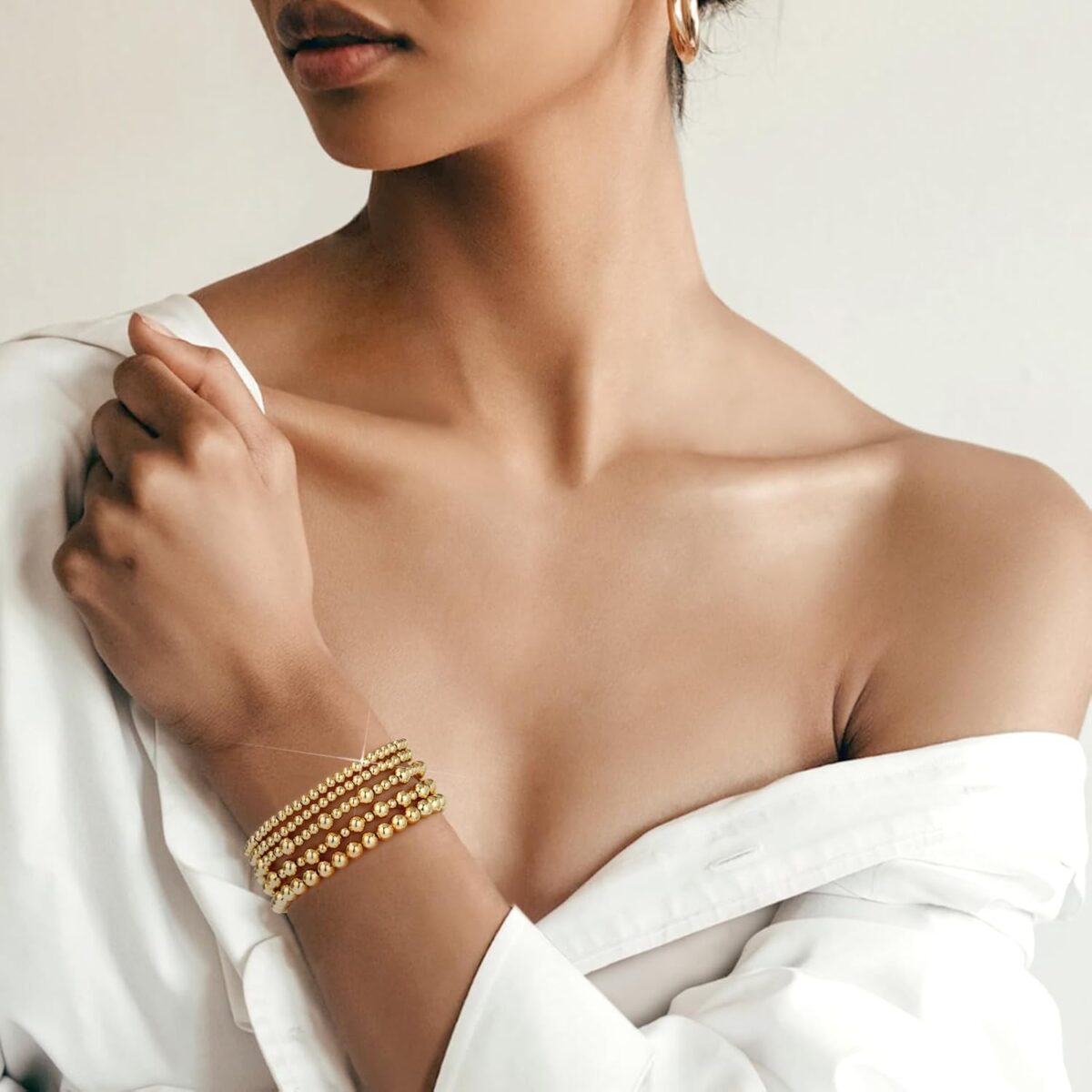adoyi Gold Bracelets for Women, 14K Gold Plated Beaded Bracelets Gold Strand Bead Ball Bracelet stack Set Adjustable Bracelet Set Jewelry for Gifts - Image 5