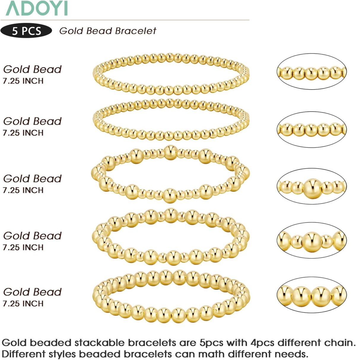 adoyi Gold Bracelets for Women, 14K Gold Plated Beaded Bracelets Gold Strand Bead Ball Bracelet stack Set Adjustable Bracelet Set Jewelry for Gifts - Image 6