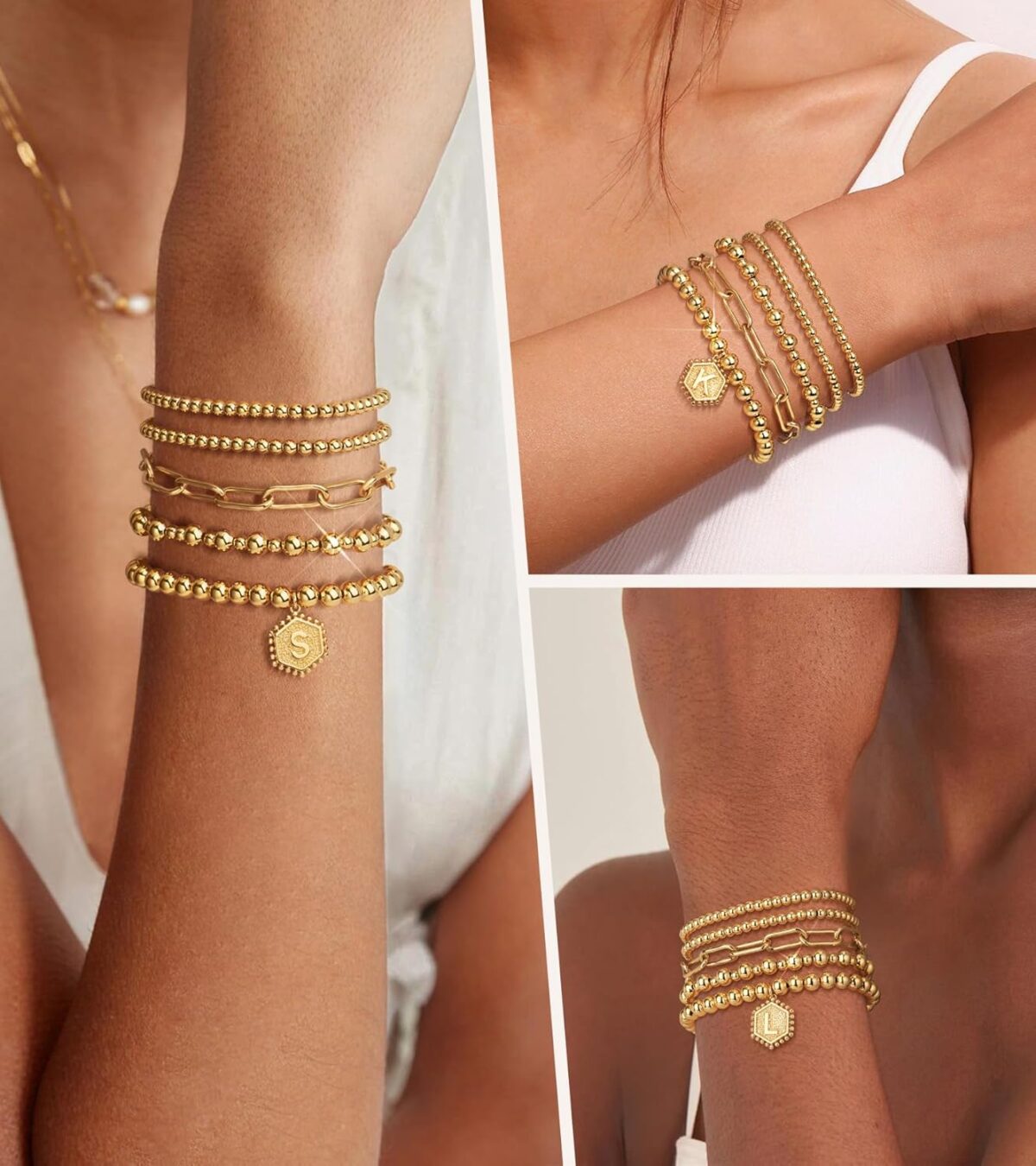 adoyi Gold Bracelets for Women, 14K Gold Plated Beaded Bracelets Gold Strand Bead Ball Bracelet stack Set Adjustable Bracelet Set Jewelry for Gifts - Image 10