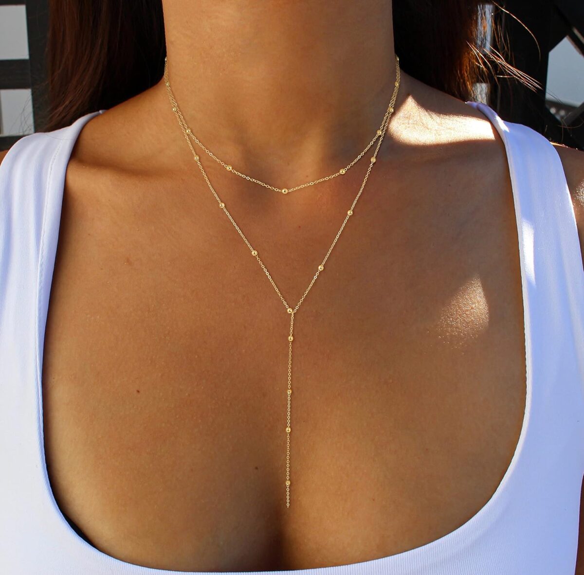 Foxgirl Lariat Gold Necklace for Women, Dainty Long Necklace 14k Gold Plated/Silver Y-Shaped Pendant Necklace Trendy Layered Cz Beaded Chain Drop Necklaces Simple Gold Jewelry... - Image 3