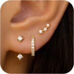 Gold Stud Earrings Set for Women, 3 Pairs Huggie Hoop Jacket Studs Earring Stack, Hypoallergenic 925 Sterling Silver Post Dainty Birthstone Trendy Fashion Jewelry Gifts for Mom - Image 2