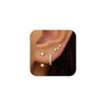 Gold Stud Earrings Set for Women, 3 Pairs Huggie Hoop Jacket Studs Earring Stack, Hypoallergenic 925 Sterling Silver Post Dainty Birthstone Trendy Fashion Jewelry Gifts for Mom