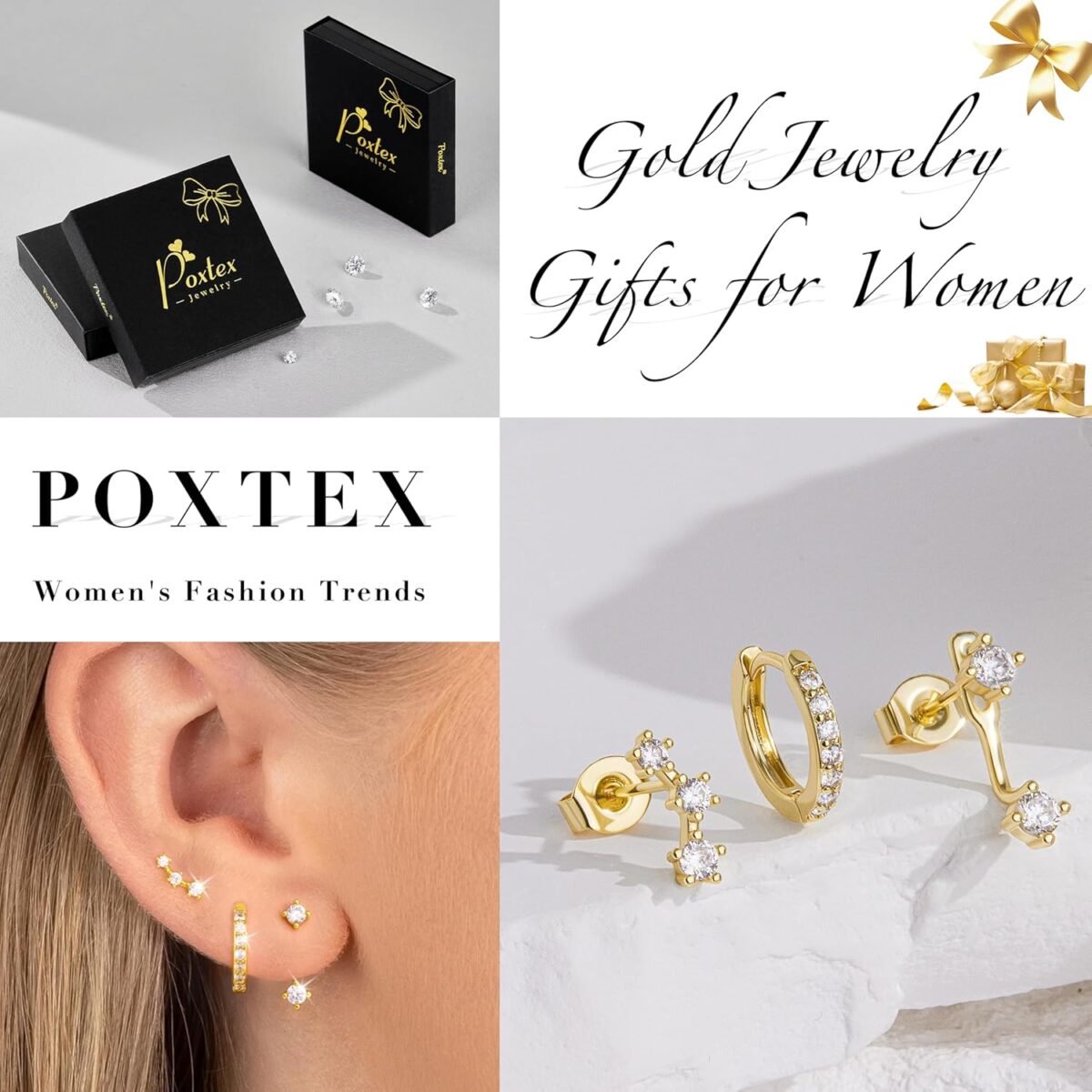 Gold Stud Earrings Set for Women, 3 Pairs Huggie Hoop Jacket Studs Earring Stack, Hypoallergenic 925 Sterling Silver Post Dainty Birthstone Trendy Fashion Jewelry Gifts for Mom - Image 3