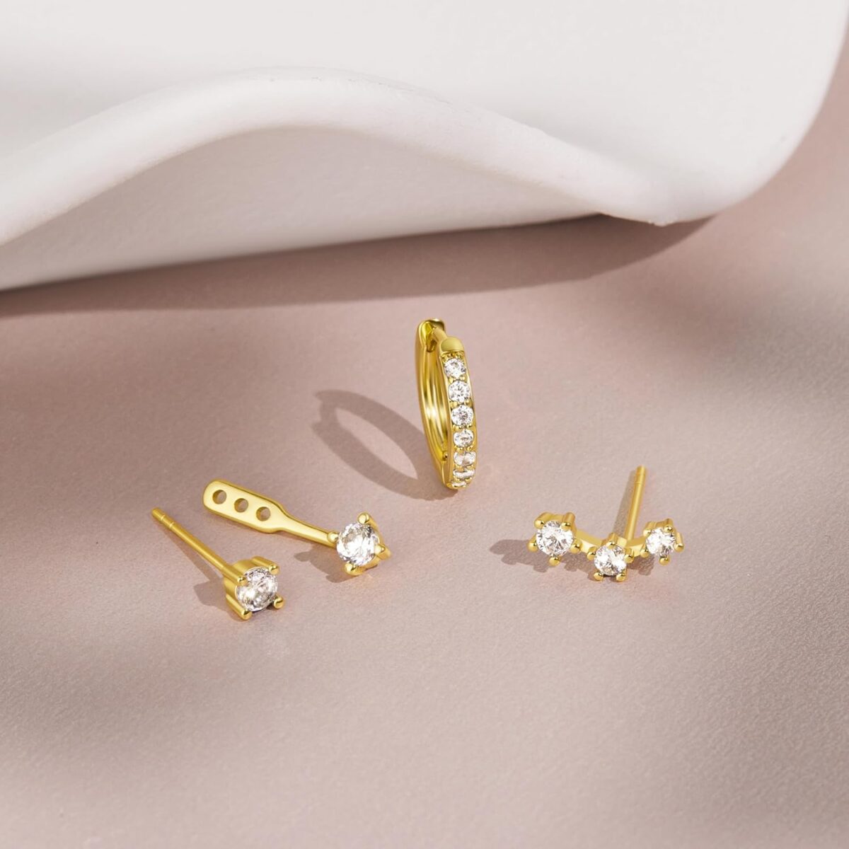 Gold Stud Earrings Set for Women, 3 Pairs Huggie Hoop Jacket Studs Earring Stack, Hypoallergenic 925 Sterling Silver Post Dainty Birthstone Trendy Fashion Jewelry Gifts for Mom - Image 6