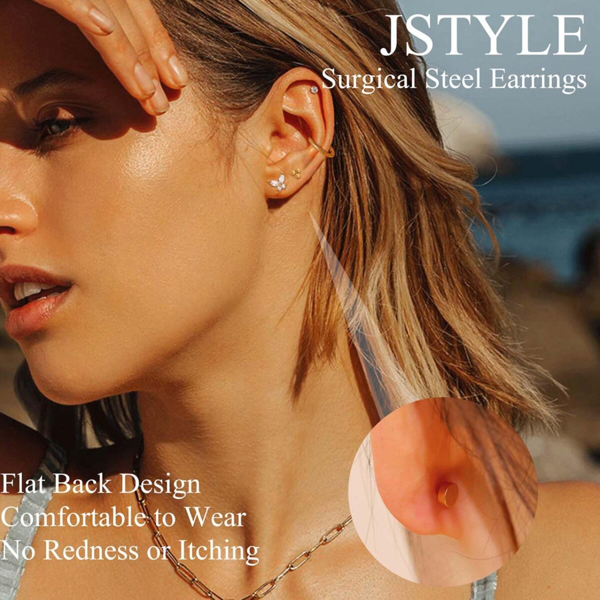 Jstyle Hypoallergenic Surgical Steel Earrings for Sensitive Ears 14K Gold Flat Back Earrings for Women Men Small Stainless Steel Earrings Flatback Stud Hoop Cartilage Earring... - Image 3
