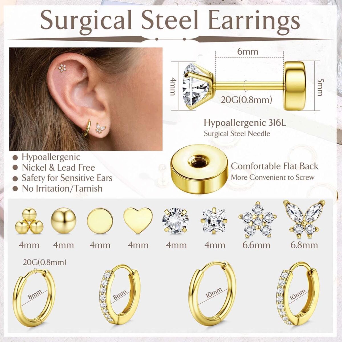 Jstyle Hypoallergenic Surgical Steel Earrings for Sensitive Ears 14K Gold Flat Back Earrings for Women Men Small Stainless Steel Earrings Flatback Stud Hoop Cartilage Earring... - Image 6