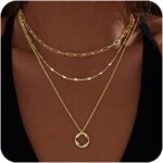 Layered Gold Necklaces for Women,Stackable Dainty 14K Gold Silver Plated Trendy Circle Paperclip Chain Pendant Choker Necklace,Simpl Diamond Cross Bow Jewelry Set Gifts for Women - Image 2