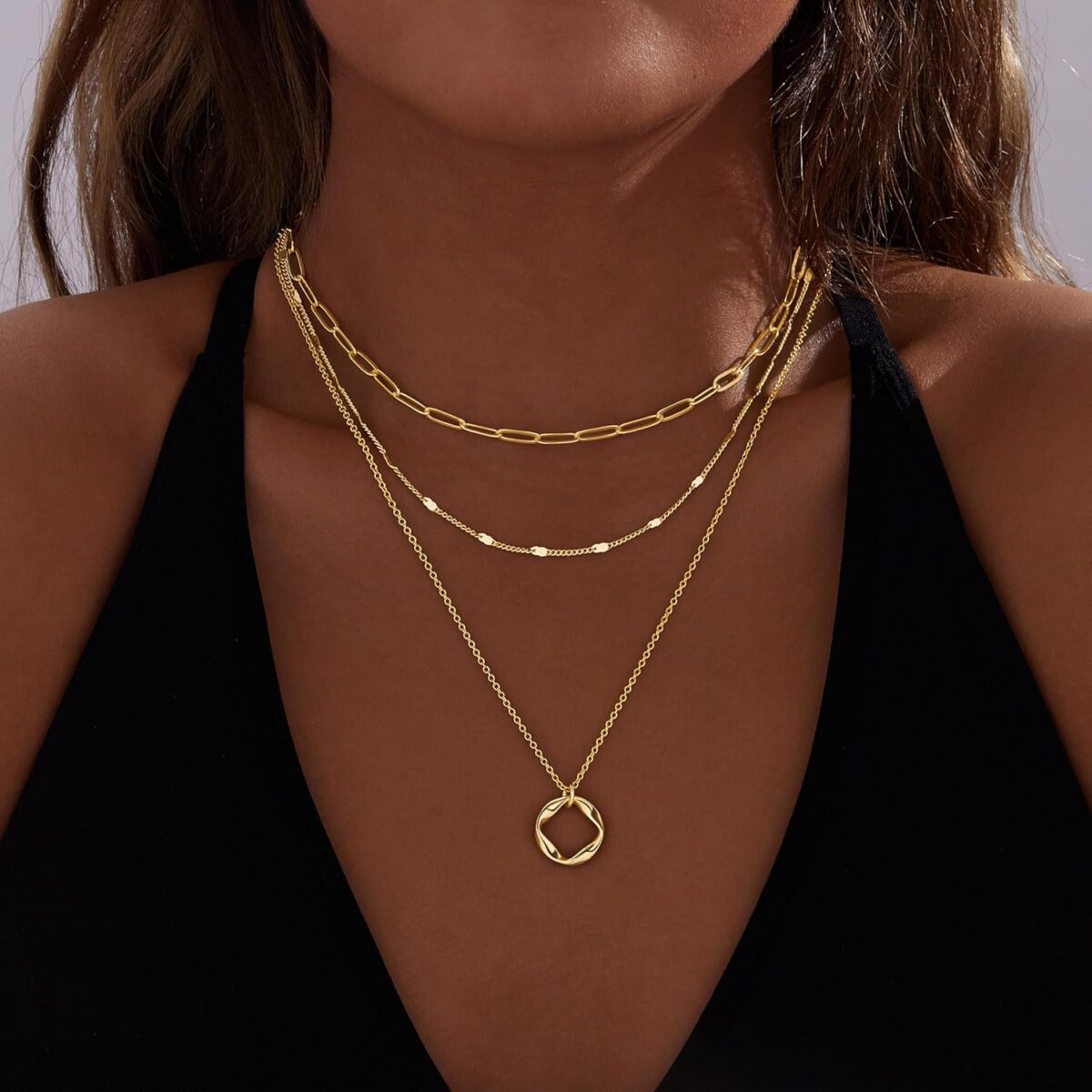 Layered Gold Necklaces for Women,Stackable Dainty 14K Gold Silver Plated Trendy Circle Paperclip Chain Pendant Choker Necklace,Simpl Diamond Cross Bow Jewelry Set Gifts for Women - Image 3