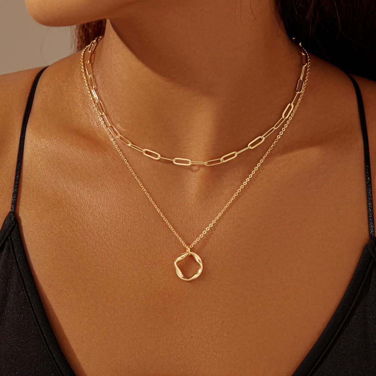 Layered Gold Necklaces for Women,Stackable Dainty 14K Gold Silver Plated Trendy Circle Paperclip Chain Pendant Choker Necklace,Simpl Diamond Cross Bow Jewelry Set Gifts for Women - Image 4