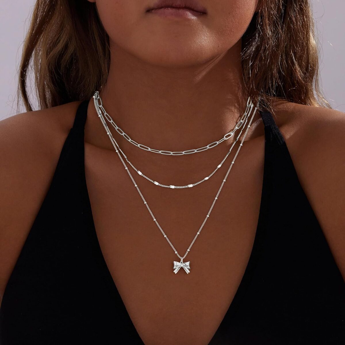 Layered Gold Necklaces for Women,Stackable Dainty 14K Gold Silver Plated Trendy Circle Paperclip Chain Pendant Choker Necklace,Simpl Diamond Cross Bow Jewelry Set Gifts for Women - Image 10
